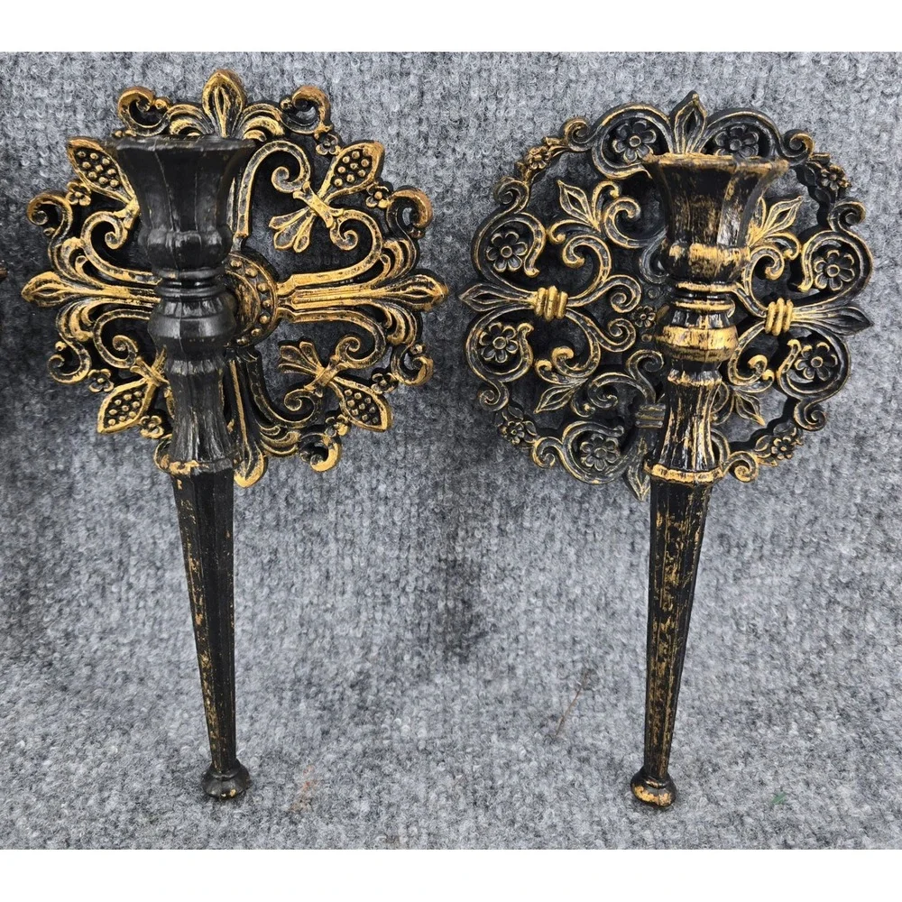 Vtg MCM Gothic Wall Sconces Black Antiqued Gold Holders Set of 4 Baroque Homco